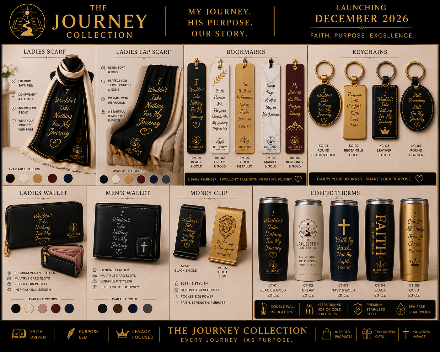 The Journey Collection lifestyle products — scarves, bookmarks, keychains, wallets, money clips and coffee therms